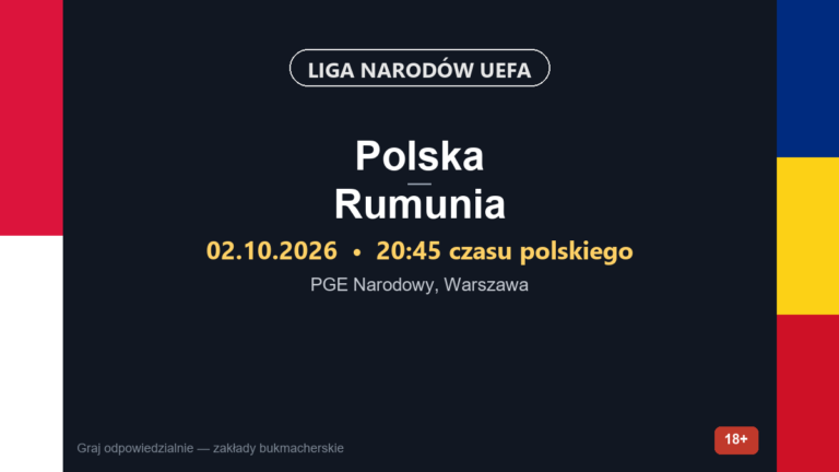 Grafika zapowiedzi meczu Polska – Rumunia, Liga Narodów UEFA, 02.10.2026, PGE Narodowy Warszawa, 18+