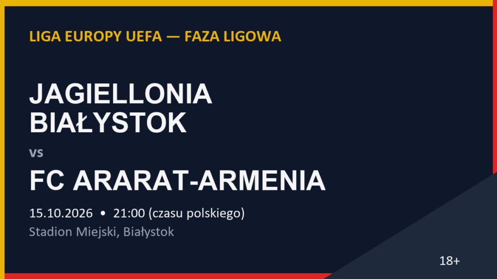 Grafika zapowiedzi meczu Jagiellonia Białystok – FC Ararat-Armenia, Liga Europy UEFA, 15.10.2026, Stadion Miejski Białystok, 18+